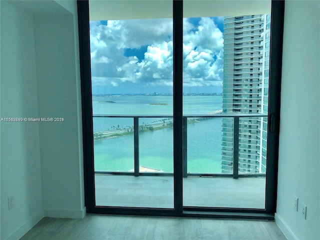 doorway to outside with a water view and light hardwood / wood-style floors