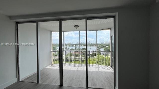 doorway featuring hardwood / wood-style floors and expansive windows