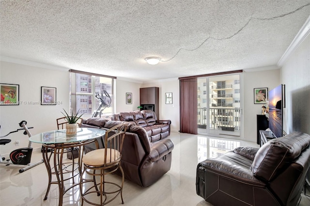 tiled living room with a textured ceiling, ornamental molding, and a healthy amount of sunlight