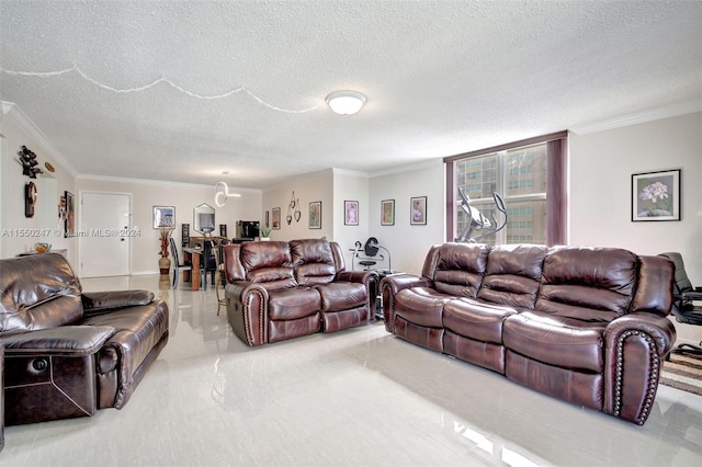 living room featuring a textured ceiling and crown molding