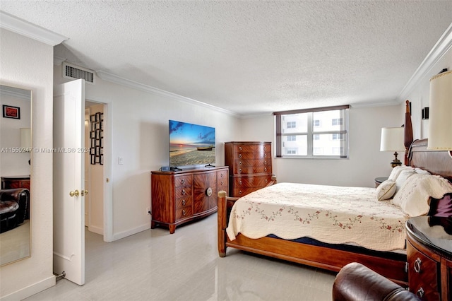 bedroom with a textured ceiling, ornamental molding, and light tile floors