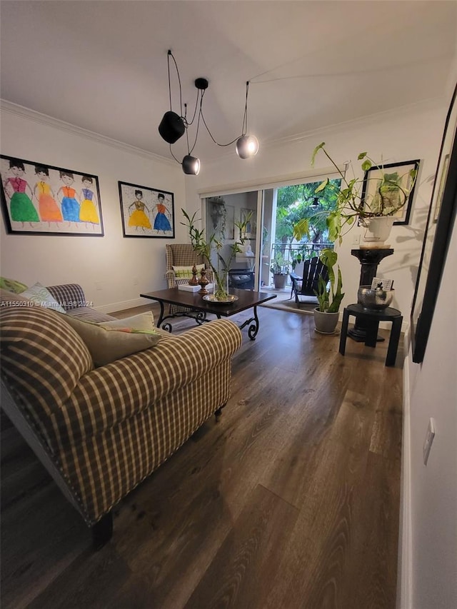 living room featuring a chandelier, dark wood-type flooring, and ornamental molding