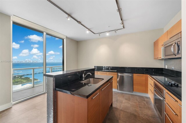 kitchen with a kitchen island with sink, a water view, stainless steel appliances, sink, and track lighting