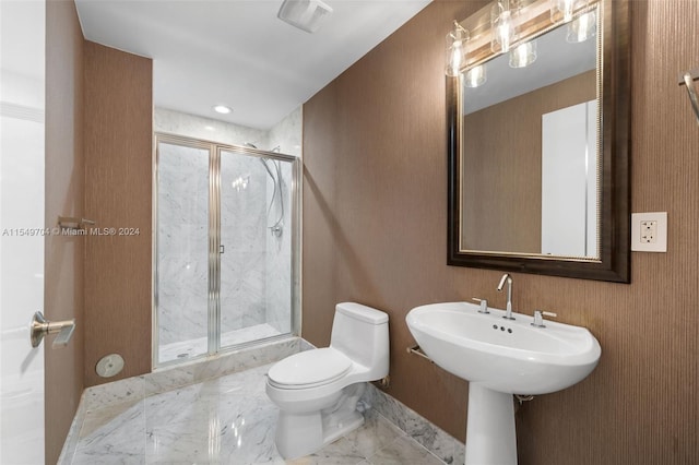 bathroom featuring an enclosed shower, toilet, and tile flooring