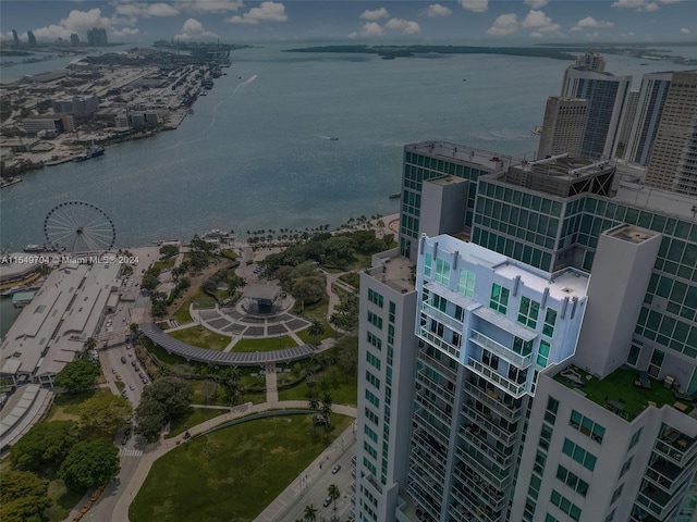 drone / aerial view with a water view