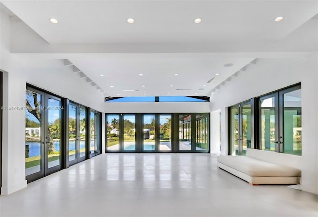 interior space with a water view