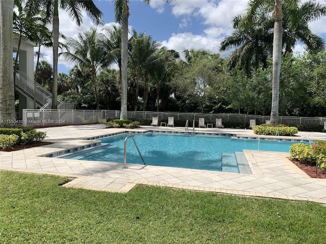 view of swimming pool with a patio area and a lawn