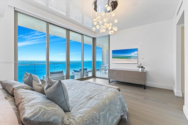 bedroom with a water view, access to exterior, and light hardwood / wood-style flooring