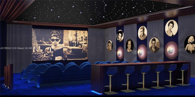 cinema room with dark carpet and a raised ceiling