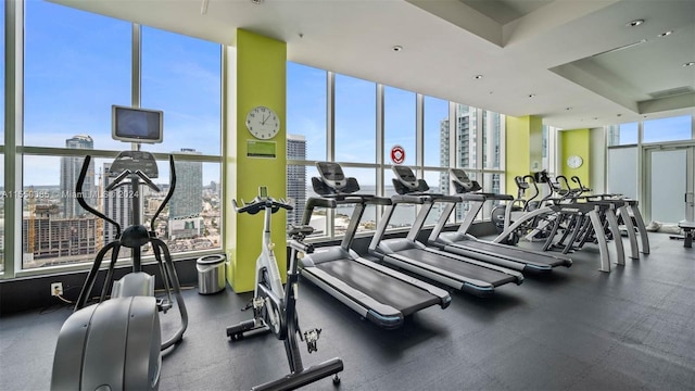 gym with floor to ceiling windows