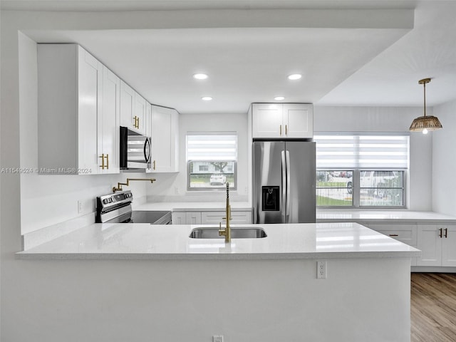 kitchen with sink, appliances with stainless steel finishes, a wealth of natural light, and pendant lighting