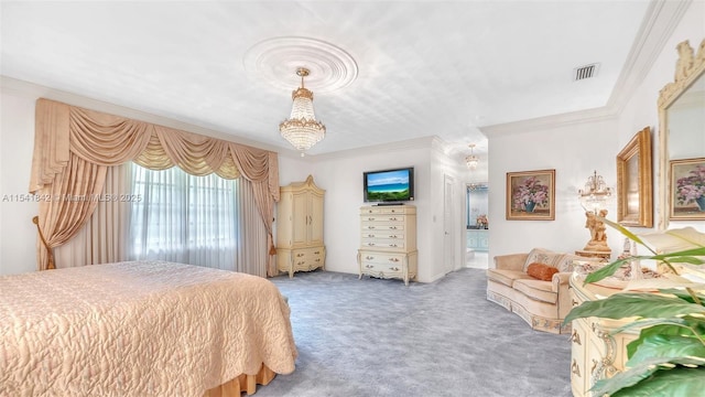 bedroom with crown molding and carpet floors