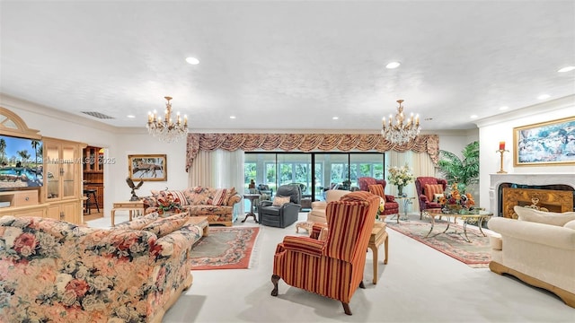 living room featuring a notable chandelier, crown molding, and a fireplace