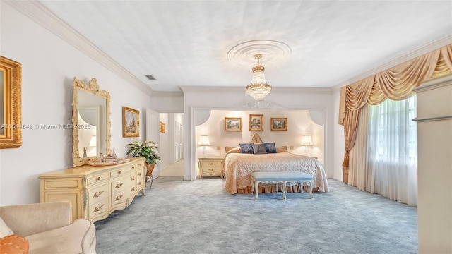 carpeted bedroom featuring ornamental molding