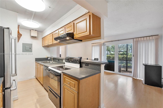 kitchen featuring kitchen peninsula, appliances with stainless steel finishes, light hardwood / wood-style flooring, a textured ceiling, and sink