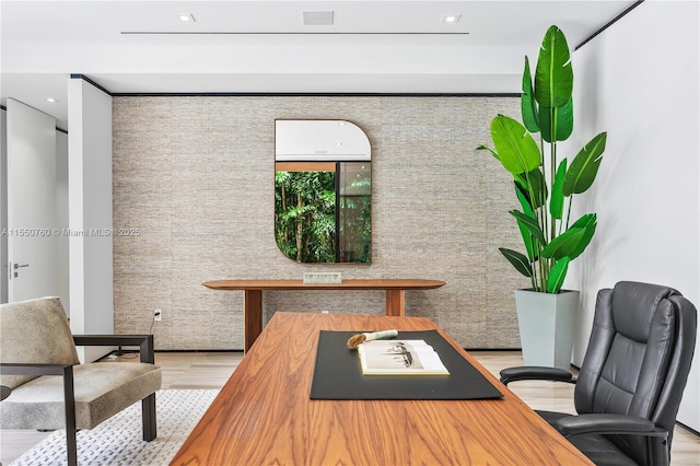 home office featuring light wood-style flooring