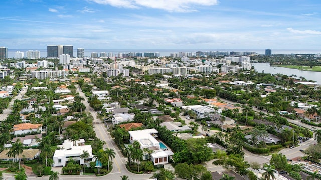 drone / aerial view with a water view and a city view