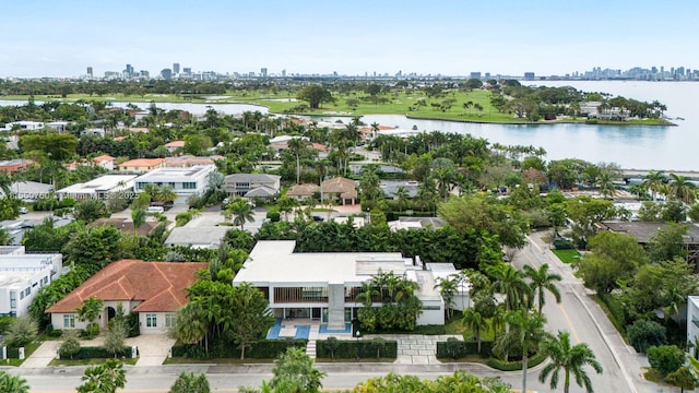 aerial view featuring a view of city, a water view, and a residential view