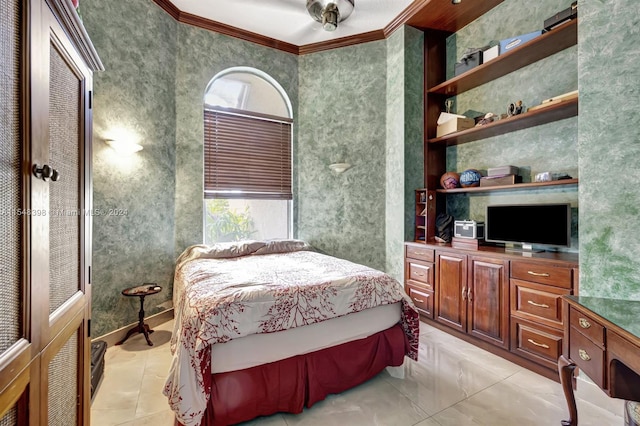 bedroom with crown molding and light tile flooring