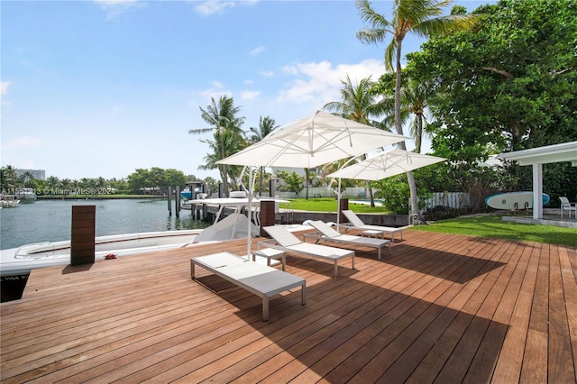 dock area with a water view and a yard