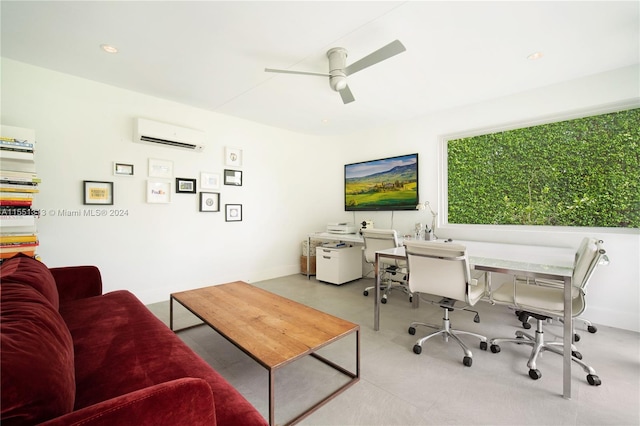 office space featuring ceiling fan and a wall unit AC