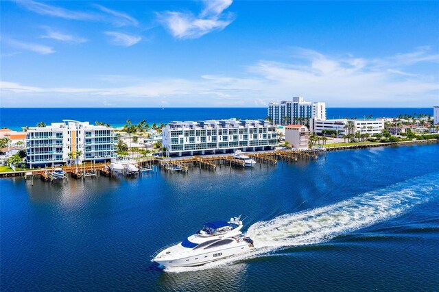 aerial view featuring a water view