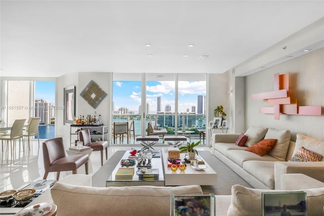 living room with floor to ceiling windows