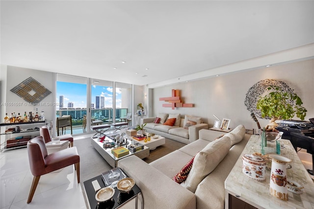 living room with expansive windows and light tile floors