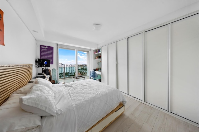 bedroom featuring light hardwood / wood-style floors and multiple closets