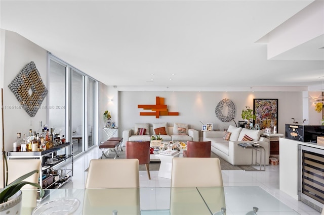 living room featuring light tile floors and wine cooler