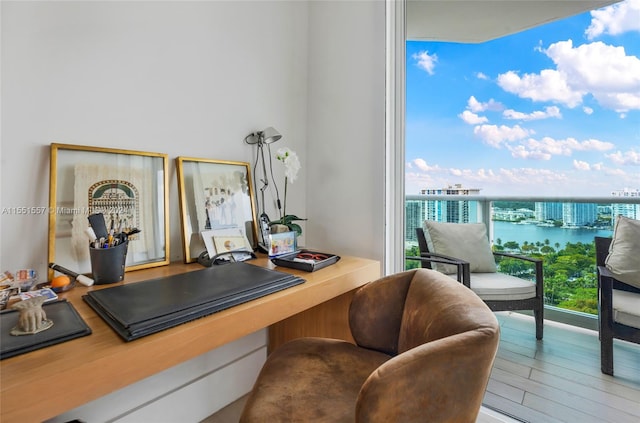 office space featuring a water view and light hardwood / wood-style flooring