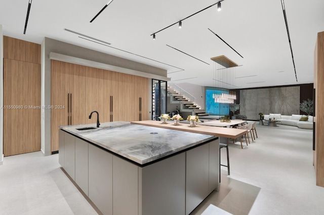 kitchen featuring a breakfast bar area, a large island, sink, and pendant lighting