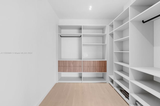 walk in closet with light hardwood / wood-style floors