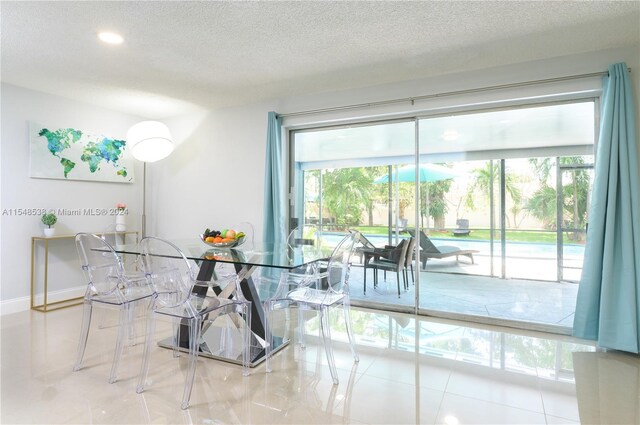 tiled dining room with plenty of natural light and a textured ceiling