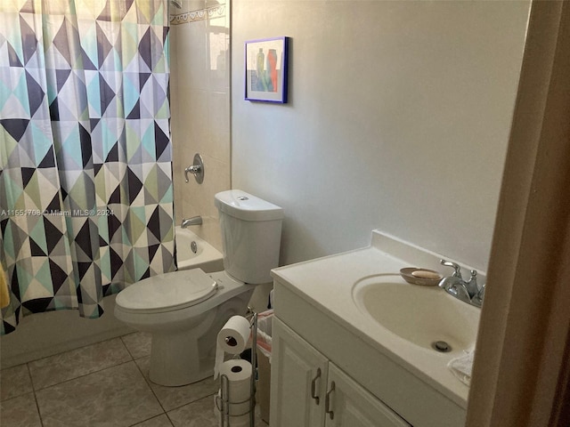 full bathroom with vanity, tile flooring, shower / tub combo with curtain, and toilet