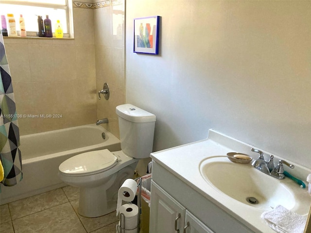 full bathroom with toilet, shower / bath combo, tile floors, and vanity