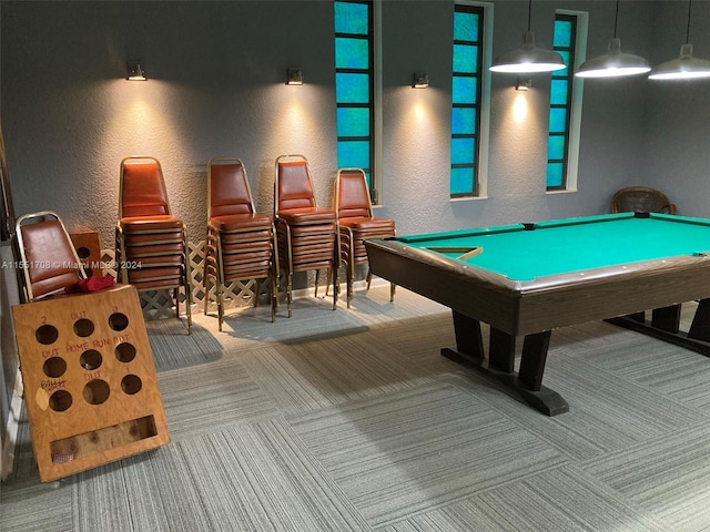 game room with light carpet and pool table