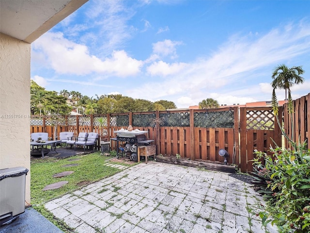 view of patio / terrace with a fenced backyard, outdoor lounge area, and grilling area