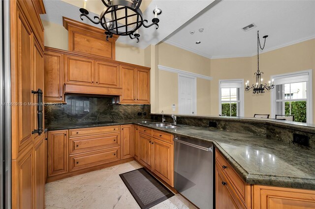 kitchen featuring backsplash, custom range hood, an inviting chandelier, dark stone countertops, and dishwasher