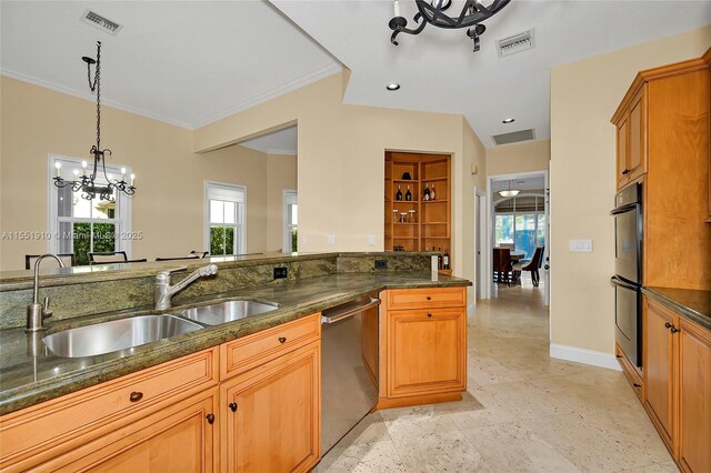 kitchen with dishwasher, an inviting chandelier, sink, black double oven, and ornamental molding