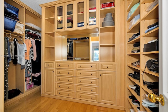 walk in closet with light wood-type flooring