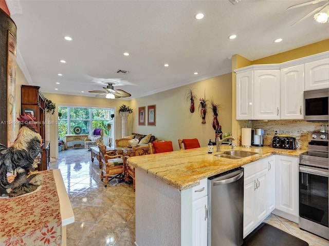 kitchen with ceiling fan, sink, stainless steel appliances, white cabinets, and ornamental molding