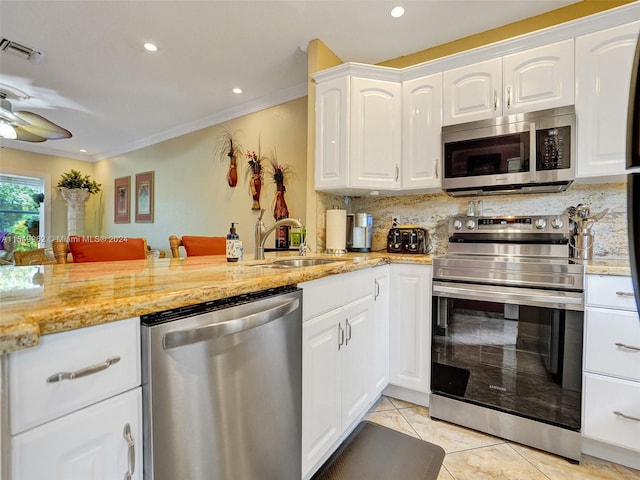 kitchen featuring stainless steel appliances, ceiling fan, light stone countertops, and sink