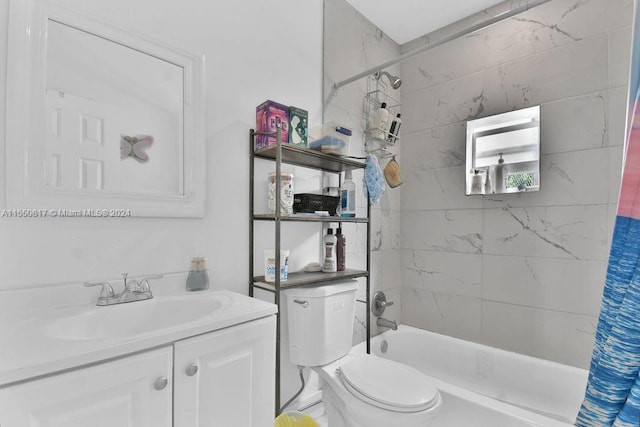 full bathroom with vanity, shower / bath combination with curtain, and toilet