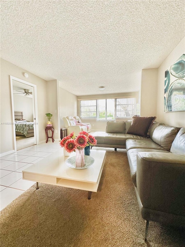 tiled living room with a textured ceiling