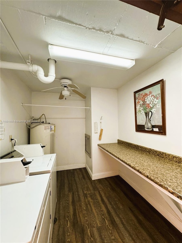 washroom with electric water heater, independent washer and dryer, ceiling fan, and dark hardwood / wood-style floors