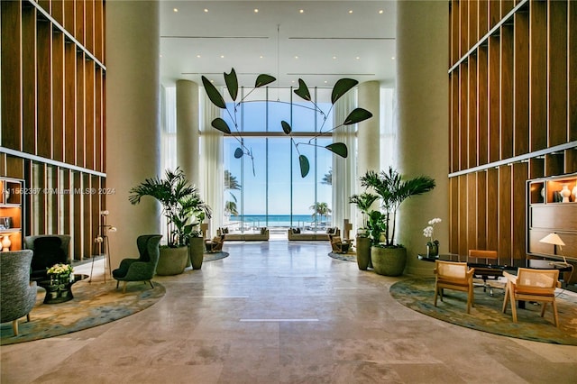 community lobby featuring a water view