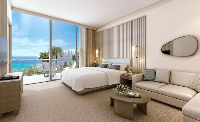 carpeted bedroom featuring a water view, crown molding, access to outside, and a wall of windows