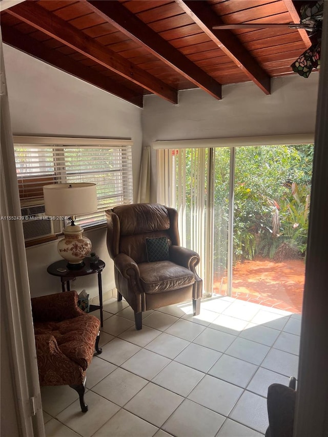 living area with wood ceiling, light tile patterned floors, and vaulted ceiling with beams