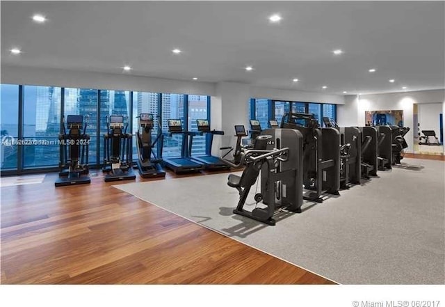 workout area with light hardwood / wood-style floors